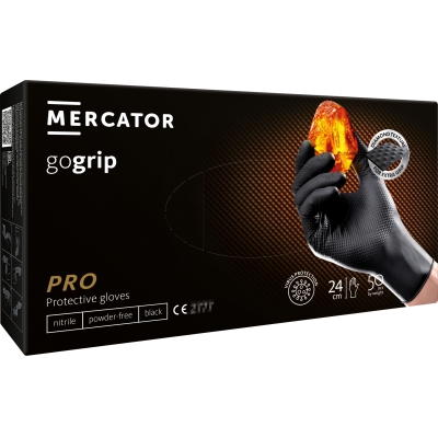 MERCATOR Gogrip Black – black, durable nitrile gloves with 3D texture