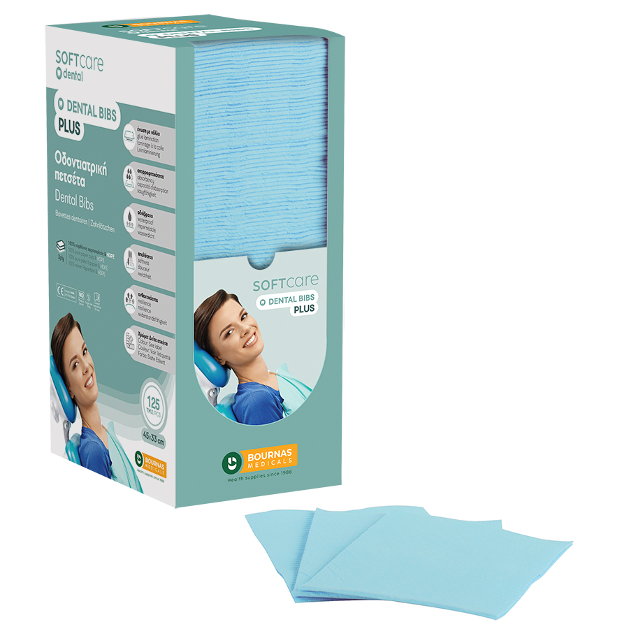 Dental Bibs Soft Care Plus 3ply with dispenser light blue 125 pcs