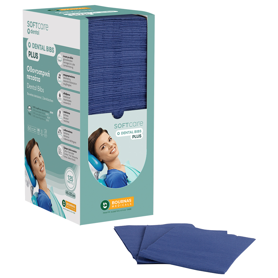 Dental Bibs Soft Care Plus 3ply with dispenser blue 125 pcs