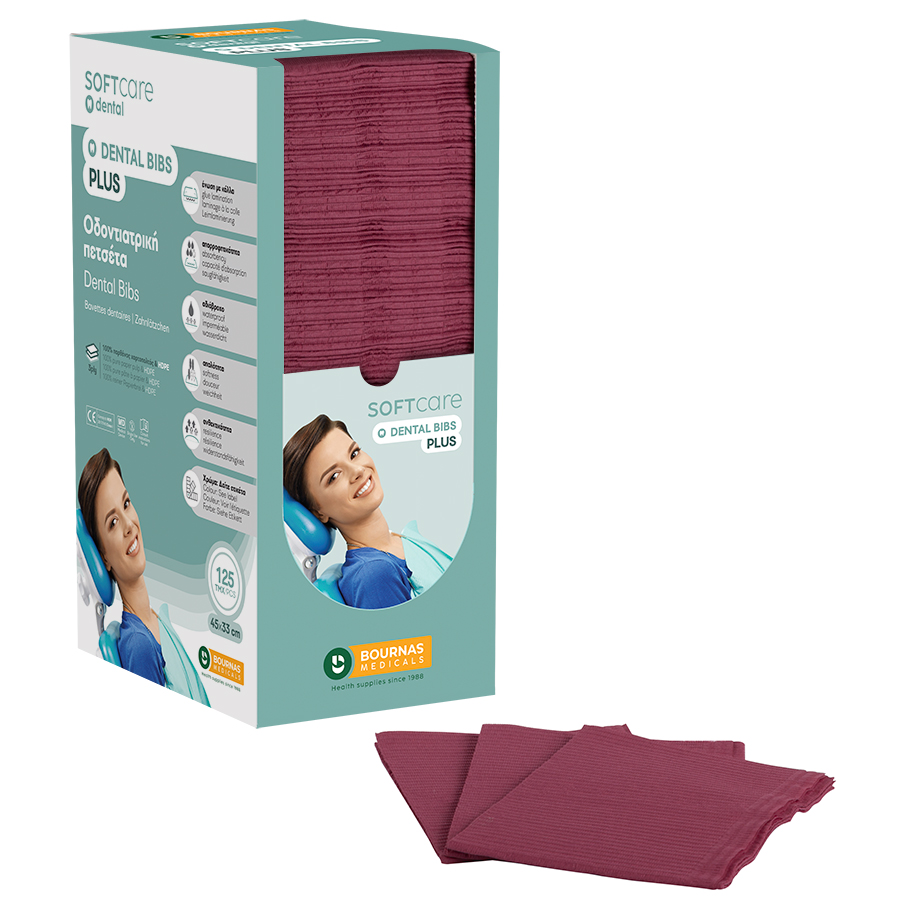 Zobārstniecības priekšautiņi Soft Care Plus 3 slāņu ar dozatoru bordo (4 x 125 gab.)